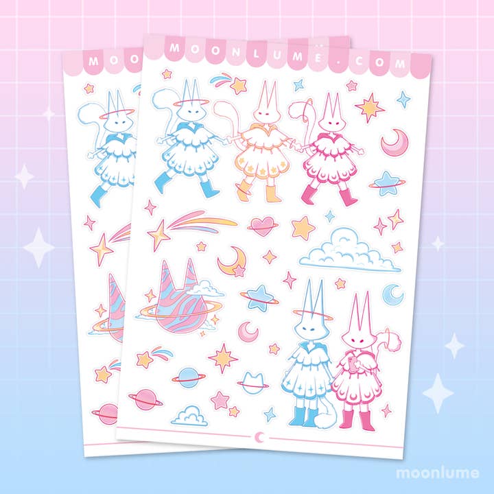 Folha de autocolantes A6 de vinil e impermeáveis de Amigos Felinos Mágicos por atacado de Moonlume