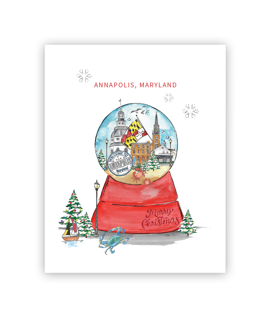 Eight21 Studios + Unique Greeting Cards, Art and Stationery - Wholesale Christmas Card - Annapolis Maryland Skyline Snowglobe Christmas Greeting Card5