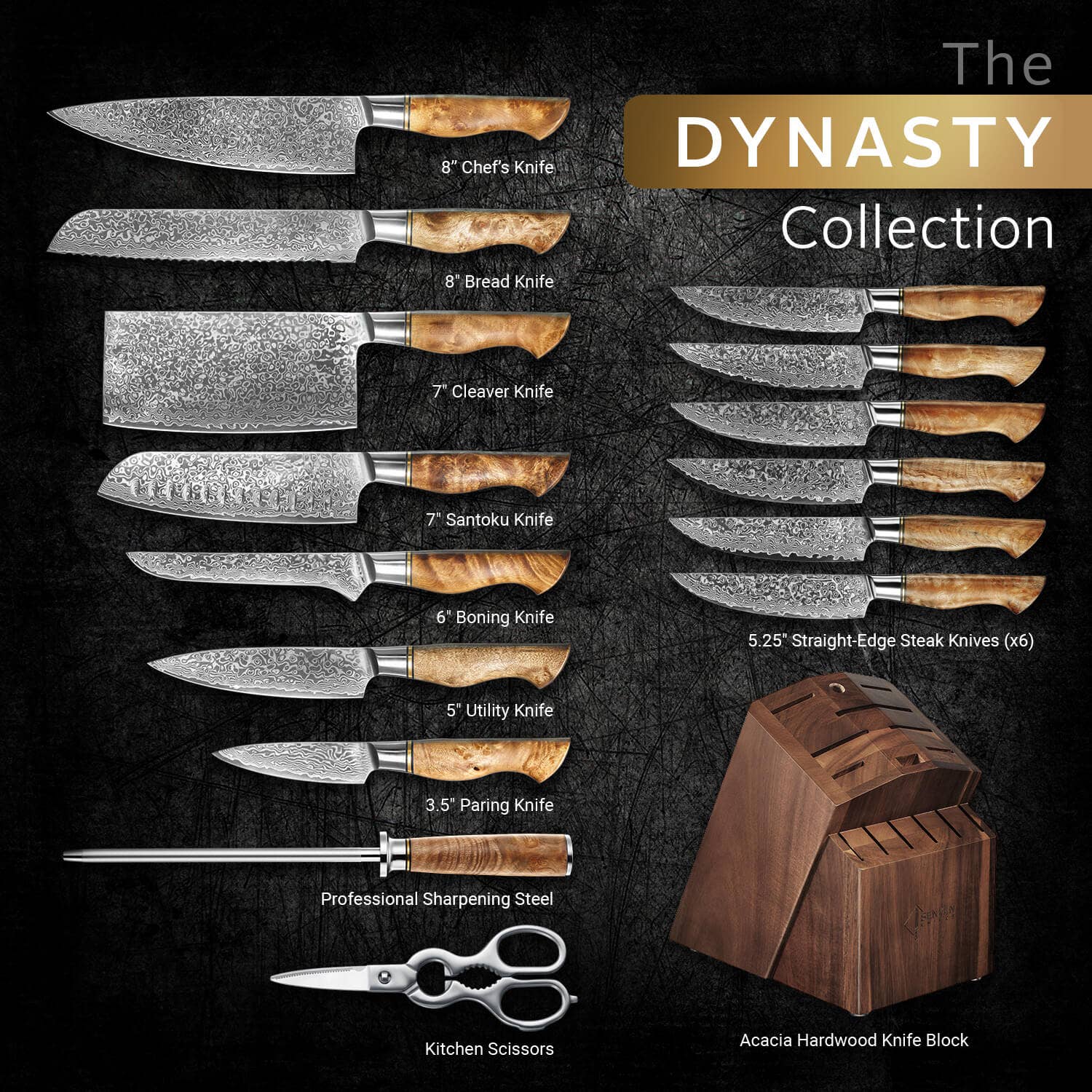 Senken Knives - Wholesale Knife Set - "Dynasty" 16-Piece Japanese Damascus Steel Knife Block Set2