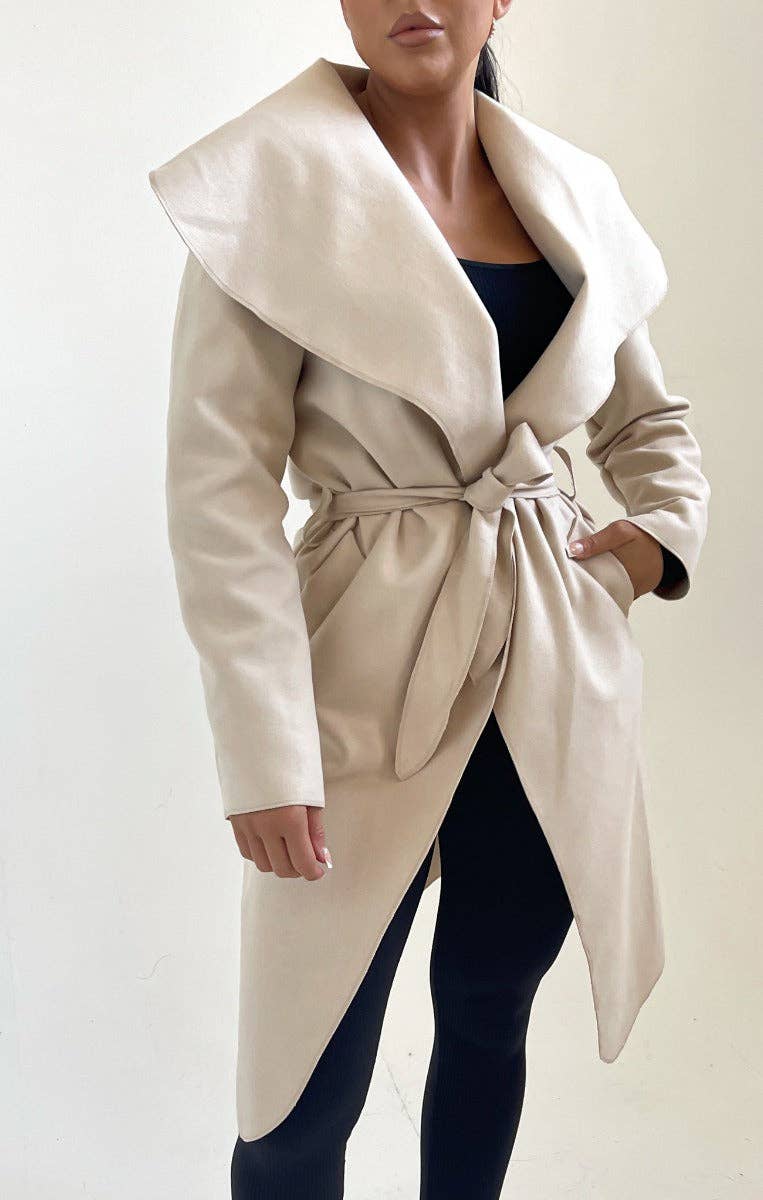 Femme Luxe - Wholesale Coat - Women's - Beige Waterfall Duster Belted Long Coat - Pola3