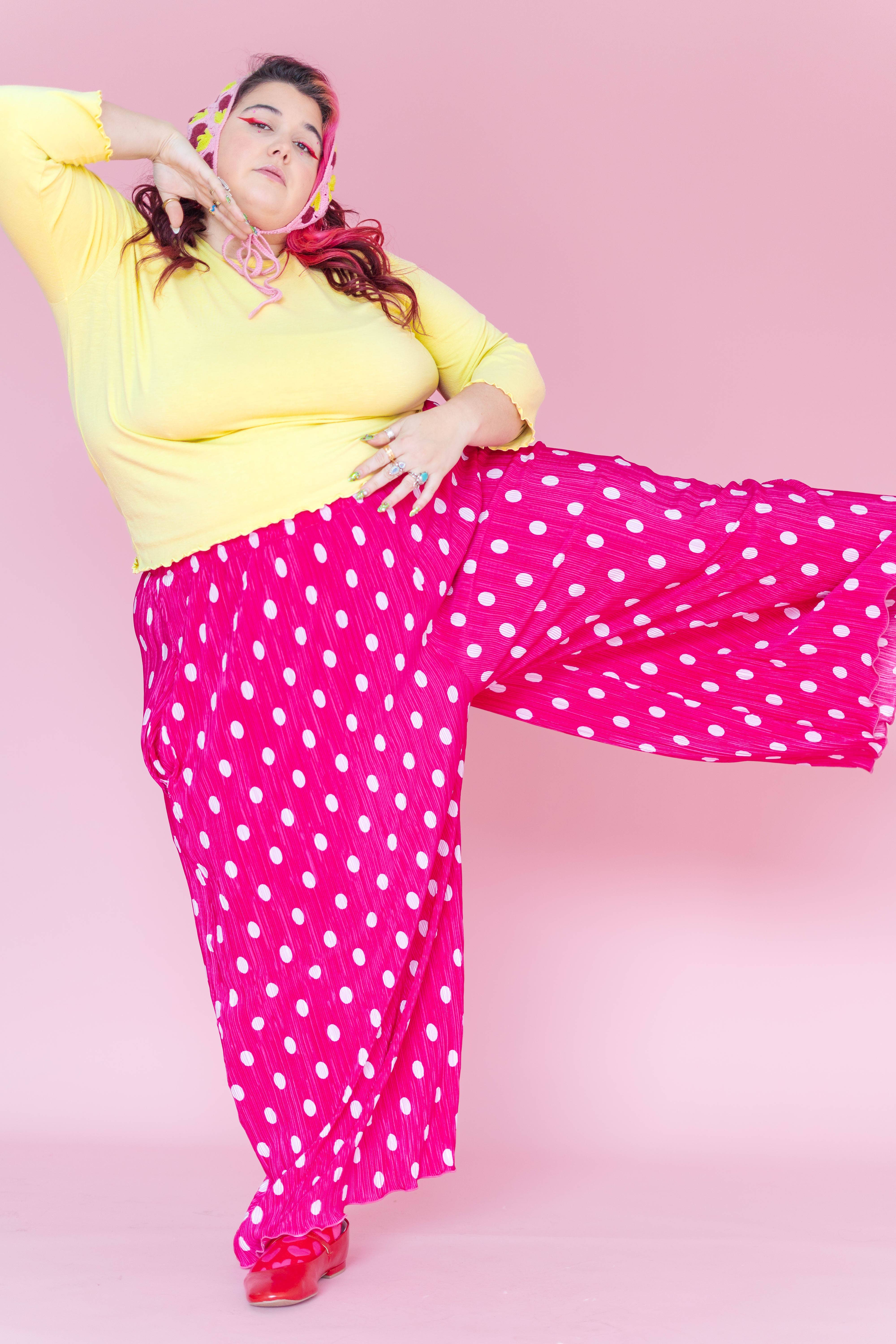 Nettle Studios - Wholesale Pants - Women's - Size Inclusive Hot Pink & White Polka Dot Pleated Flare Pant15