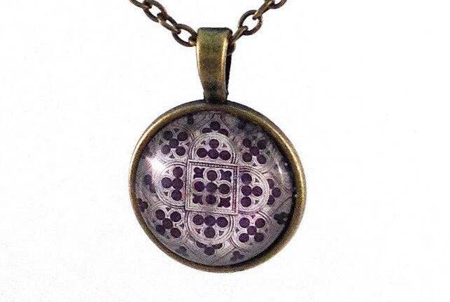 Postage Stamp Jewelry - Wholesale Pendant/Charm Necklace - 1974 Rose Window, Lausanne Cathedral -Swiss Postage Stamp - Postage Stamp Jewelry - Vintage Postage Stamp Necklace - Antique Bronze Finish1