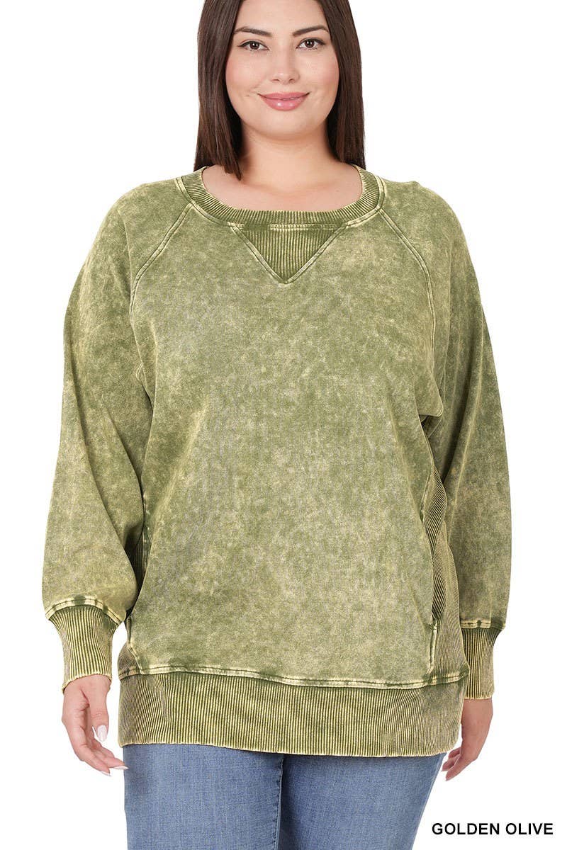 Baie Bleue - Wholesale Sweatshirt - Women's - PL1749ZN - PLUS ACID WASH ROUND NECK PULLOVER WITH POCKETS0