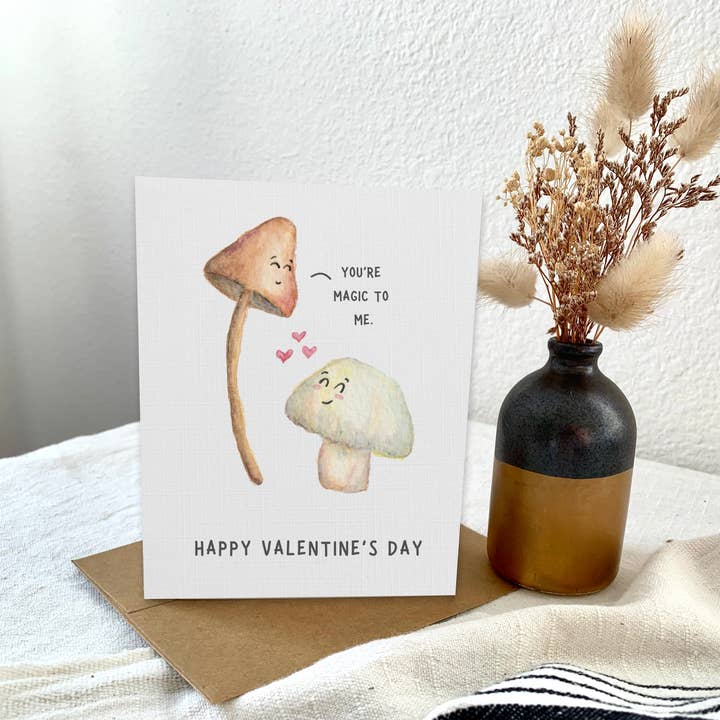 Pink Hill Press – Engroshandel Valentinsdagskort – Sød magisk svamp Valentinskort, Cottagecore Vday-kort1
