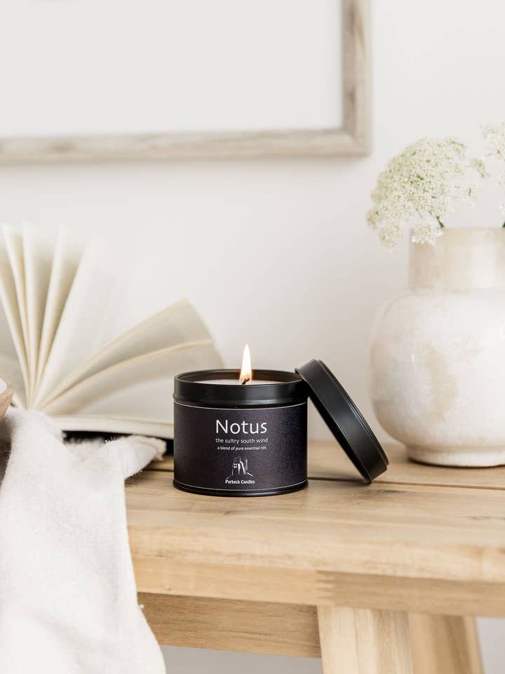 Elements Range - Notus Essential Oil Candle 200g black Tin for wholesale by Purbeck Candles