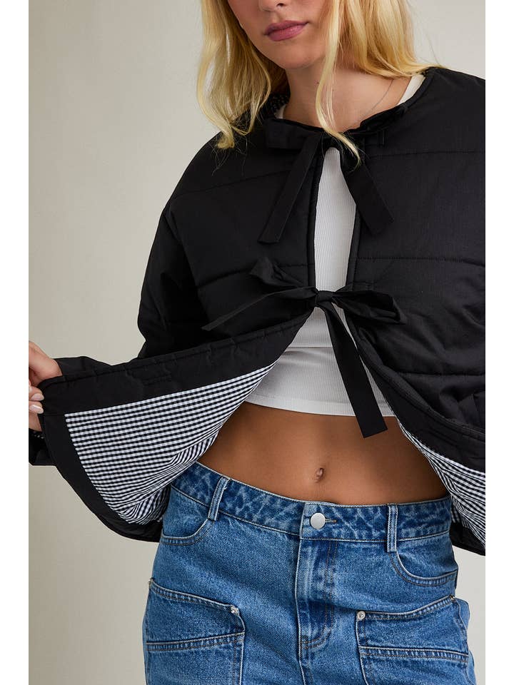Black PUFFER JACKET WITH RIBBON TIE ON THE FRONT for wholesale on Faire5