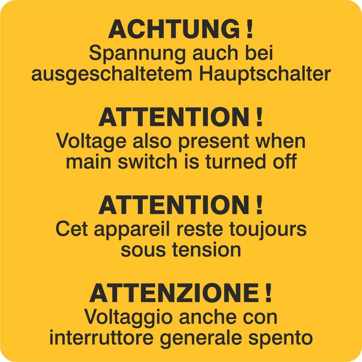Spannung auch bei ausgeschaltetem Hauptschalter für den Großhandel von Blitzpfeil24 by Jahn Industrieschilder/Etiketten GmbH
