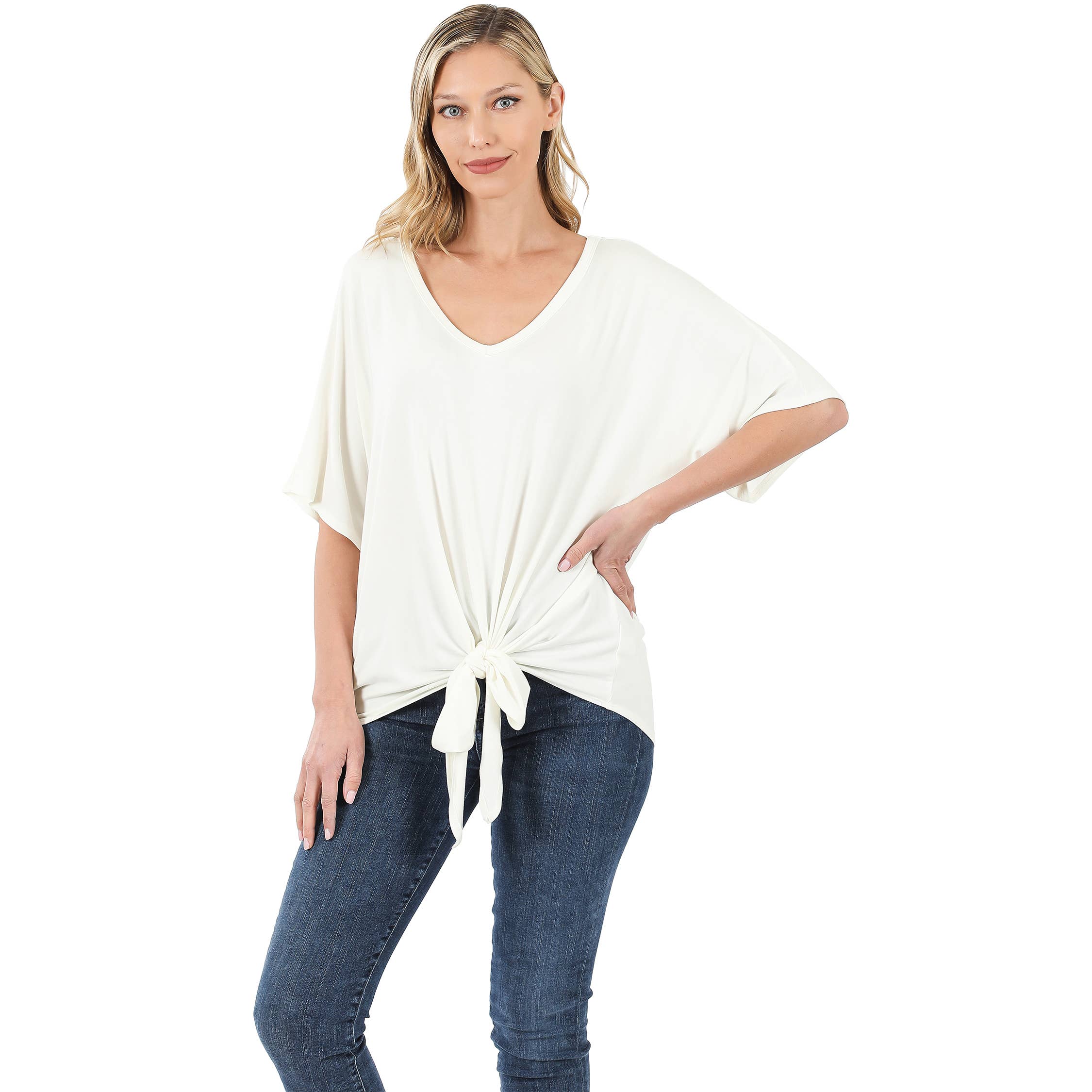 42POPS - Wholesale Tunic - Women's - ,..._ SI-18787 LUXE RAYON V-NECK TIE FRONT TOP21