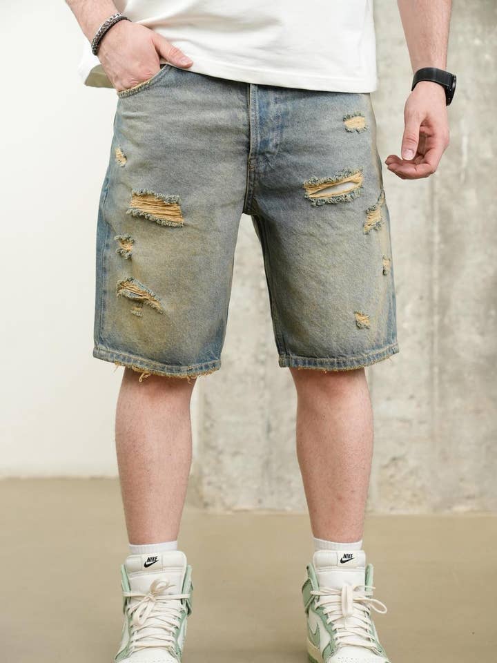 Blue Washed Ripped Men's Denim Shorts 1183 for wholesale by Monocloth