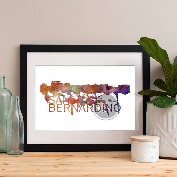 Skyline aquarelle de San Bernardino, horizon de San Bernardino, art de San Bernardino, affiche de San Bernardino, impression de San Bernardino, San Bernardino WCS139 pour la vente par DreamMachine Prints