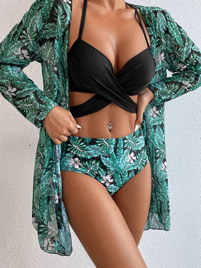 UNISHE – wholesale Two-piece swimsuit – Women’s – Twisted Bikini Set with Tropical Kimono 3pcs Set ZZKF635