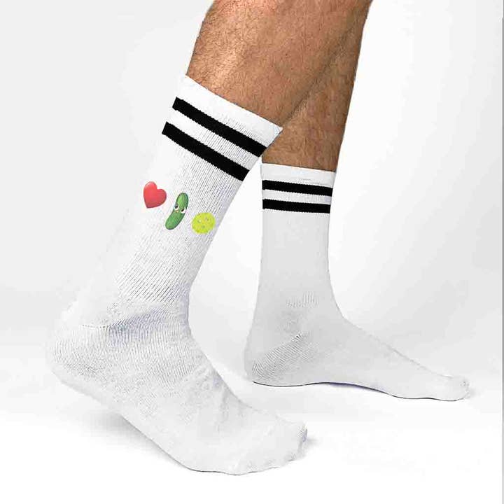 White Black I Love Pickleball Crew Socks for the Pickleball Player for wholesale on Faire