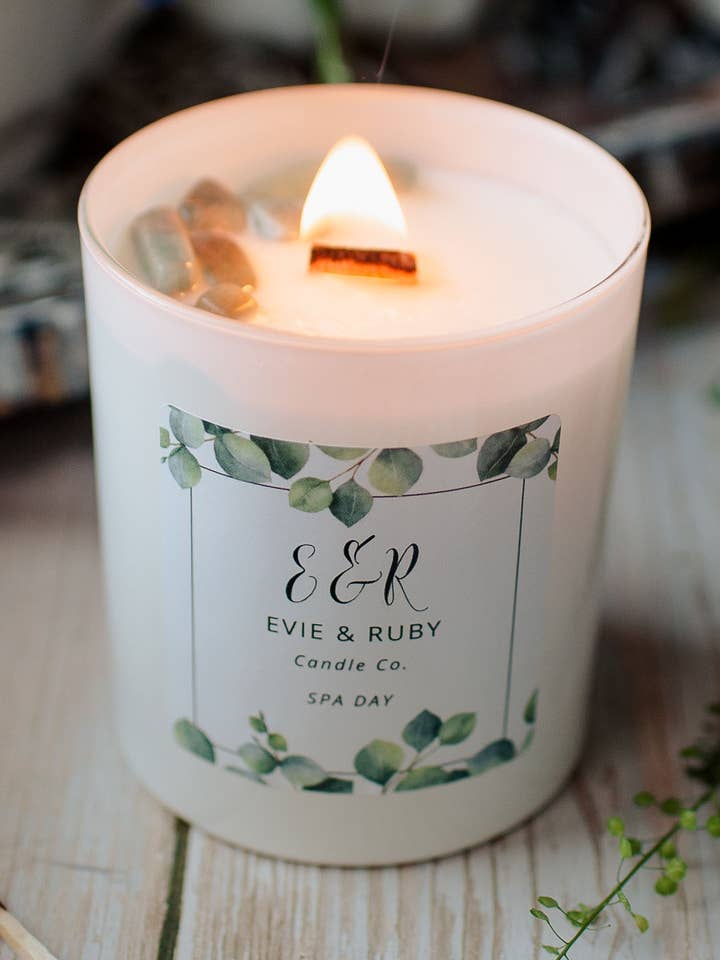 Spa Day Calm Collection Kaars met amazoniet edelstenen voor wholesale door Evie & Ruby Candle Co