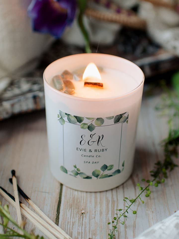 Spa Day Calm Collection Candle with amazonite gem stones for wholesale by Evie & Ruby Candle Co