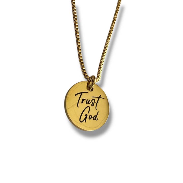Trust God Engraved Gold Stainless Steel Necklace – Faith-Inspired Minimalist Jewelry for wholesale by BLK Confetti