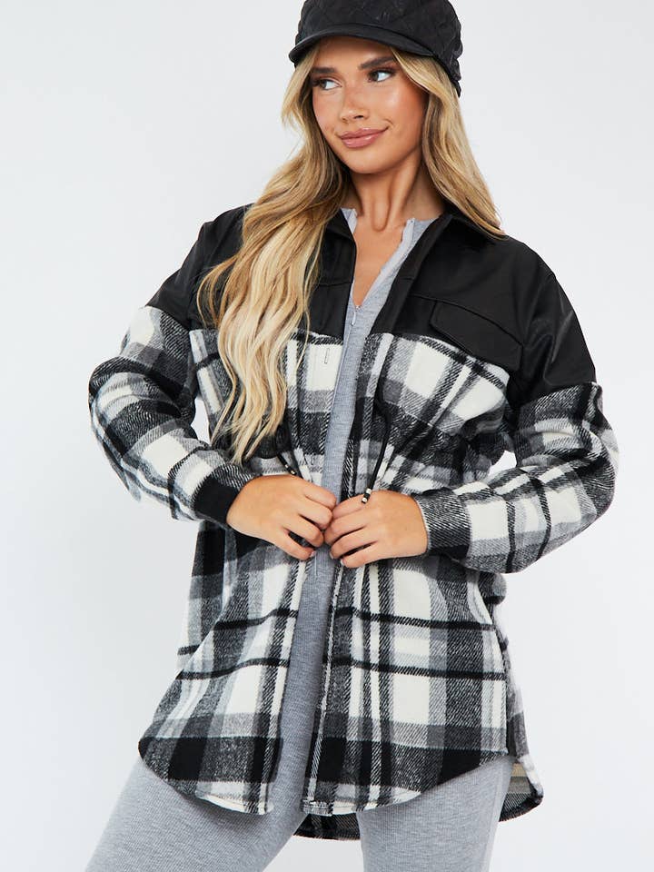 Black Checked Leather Contrast Pocket Front Shacket - Ciana for wholesale by Rebellious Fashion