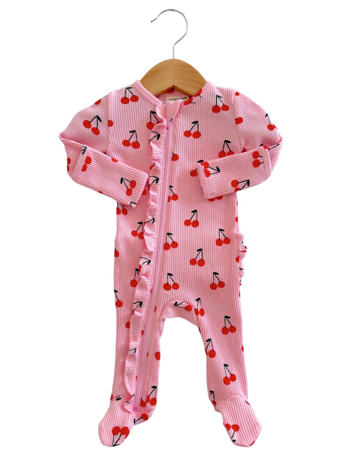 SpearmintLOVE - Wholesale Jumpsuit - Baby - Organic Waffle 2-Way Zip Ruffle Footie, Pink Cherries3