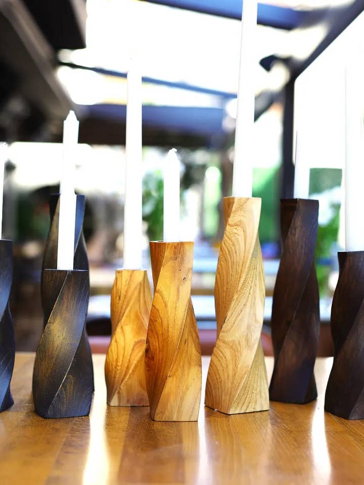 3 Pieces Chesnut Wood Candle Holder, Candle Art, Wood Decor for wholesale by Leone Wood