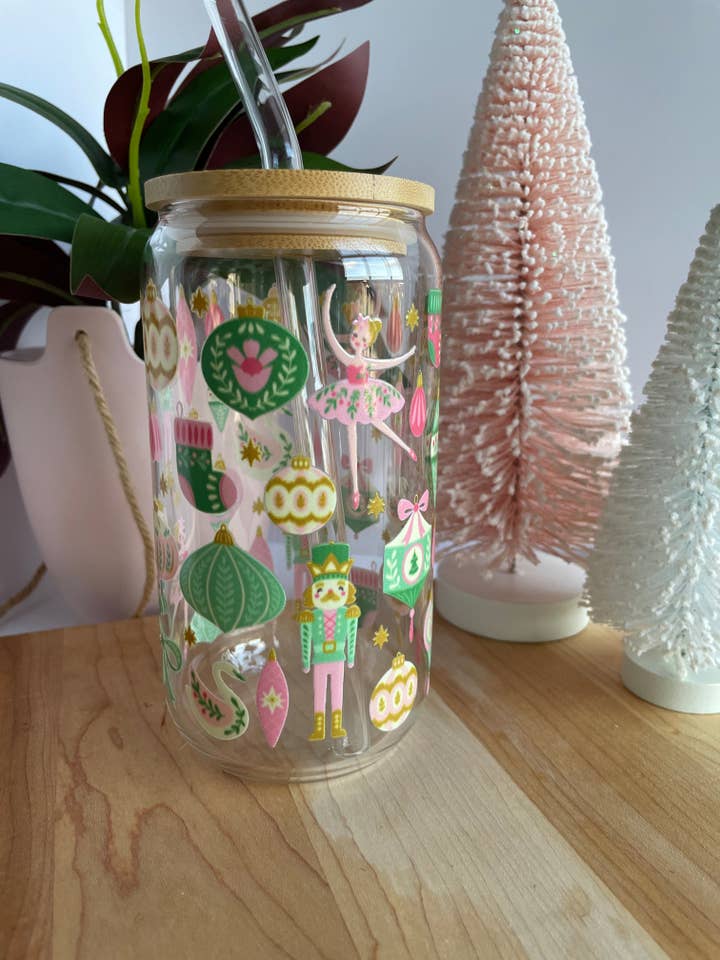 Beautiful Nutcrackers and Ornaments Glass Cup with Bamboo Lid and Glass Straw for wholesale by DesignedbyKendal