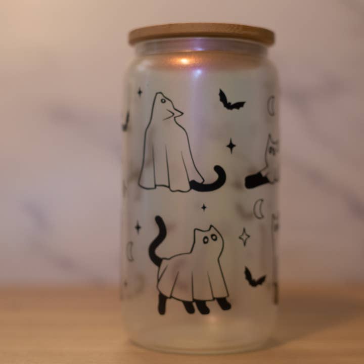Black Ghost Cat Glass Cup for wholesale by Kai’s Canine Creative