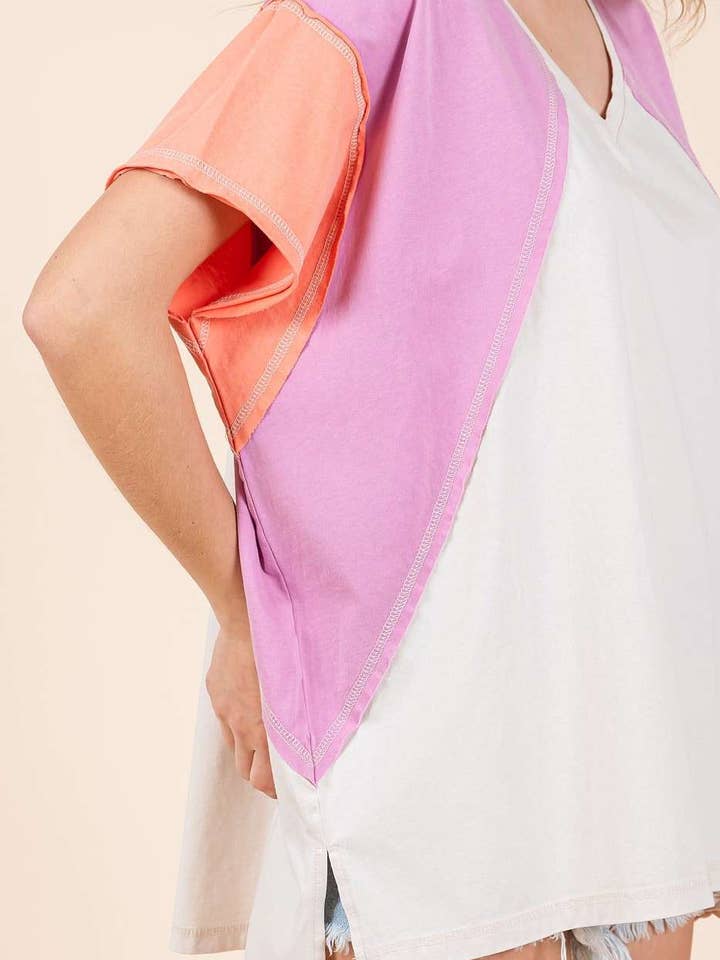 mittoshop – Túnica - Mulher por atacado – TOP DE MALHA DE MANGA CURTA EM BLOCO COLORIDO DE GRANDES DIMENSÕES18