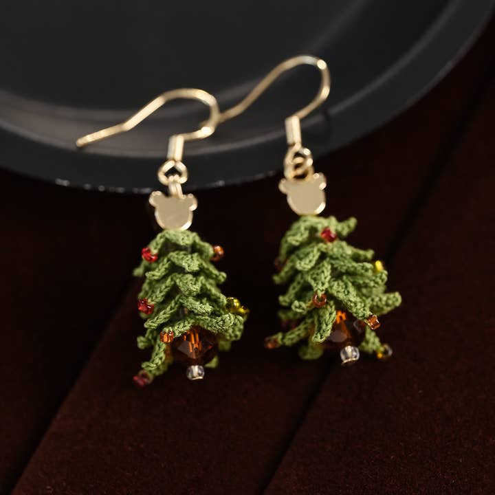 Tiny Christmas Tree Dangle Earrings – Hand-Crocheted Holiday Charm for wholesale by Momo & Loloc Crochet