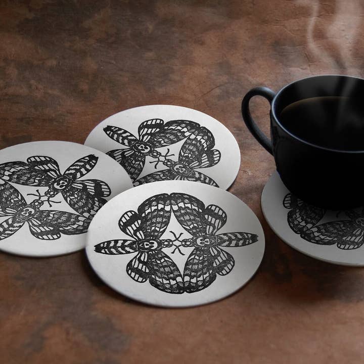 Death's Head Moth Letterpress Coasters for wholesale by Shuttle Press & Bindery