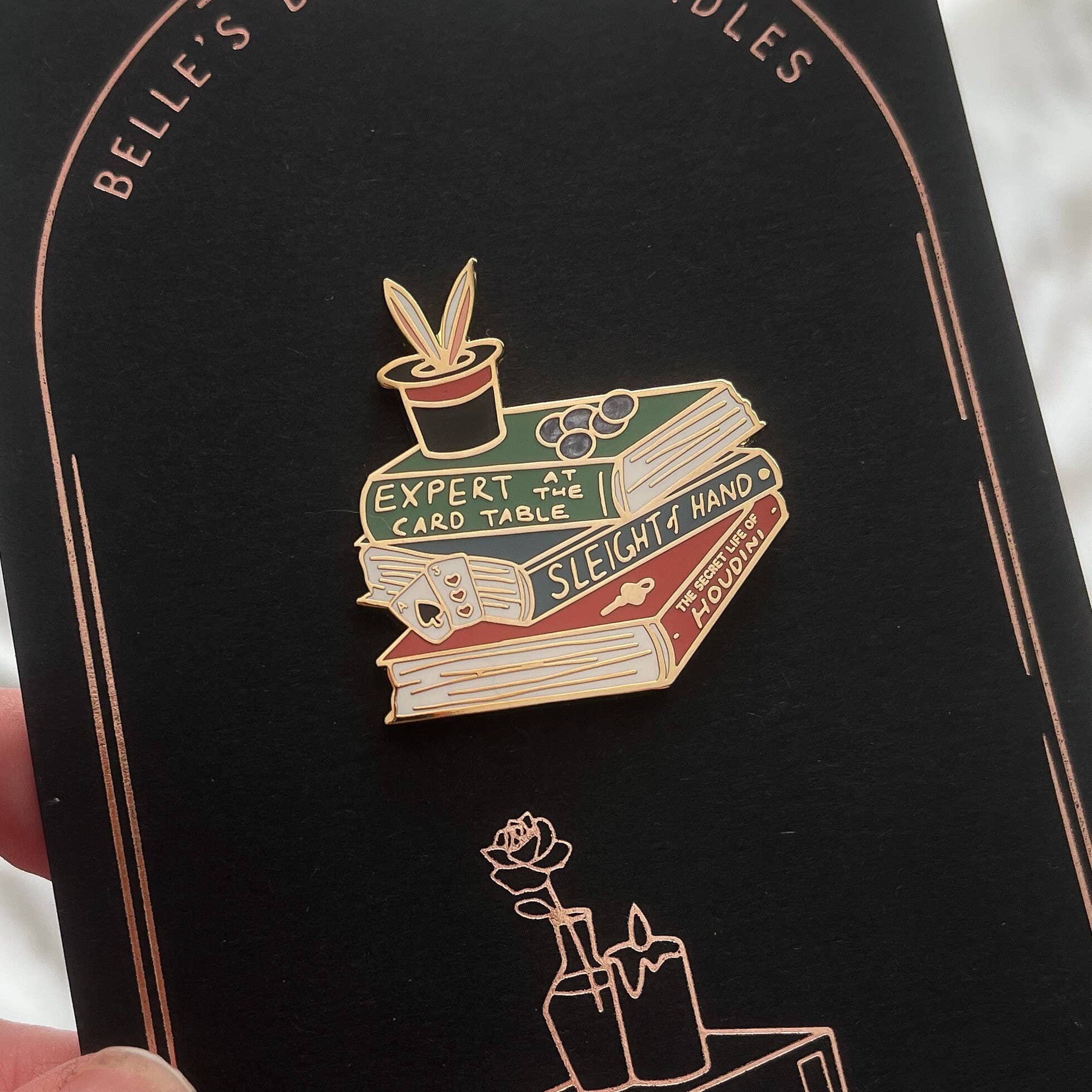 Belle's Books & Candles - Wholesale Lapel pin/button - Magician Book Stack Enamel Pin | Magic History Pin