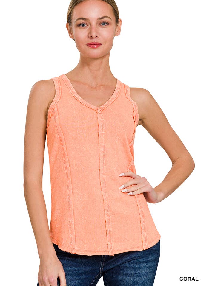 42POPS - Wholesale Tank Top - Women's - `.Washed Raw Edge V Neck Sleeveless Top13