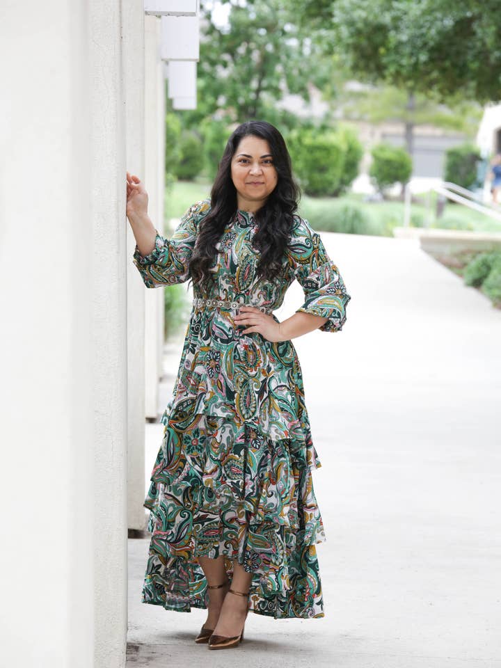 Paisley Print Layered Dress in Green for wholesale by Beautiful One Modest