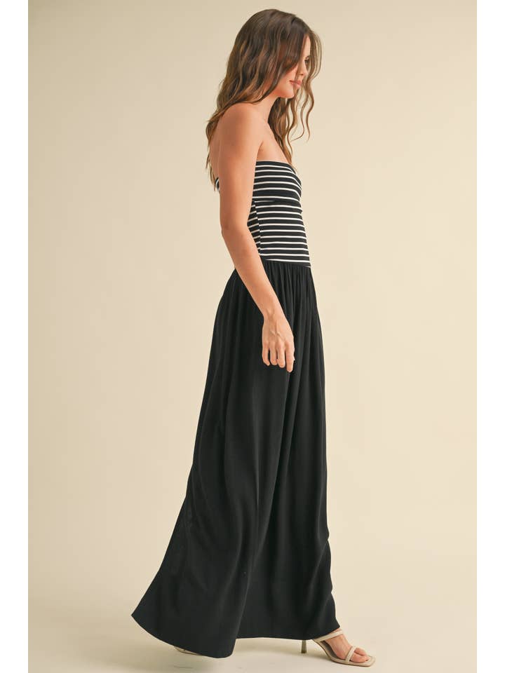 MIOU MUSE - Wholesale Dress - Women's - D4681 STRIPE RIBBED TOP WITH LINEN DRESS