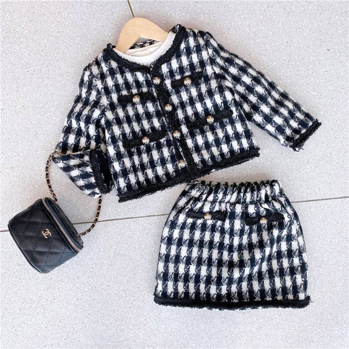 Conjunto elegante de cárdigan y falda con patrón de pata de gallo para niñas. para venta al por mayor de MyKids-USA®