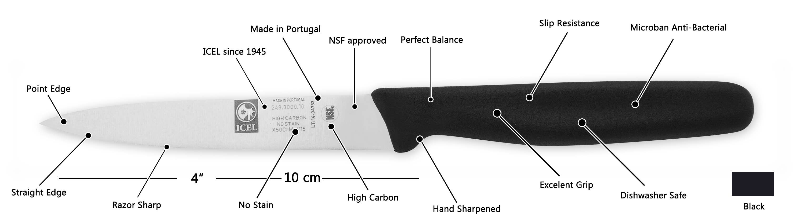 ICEL USA - Wholesale Keukenmes - Schilmes 4" (100mm), recht lemmet, puntige punt.10