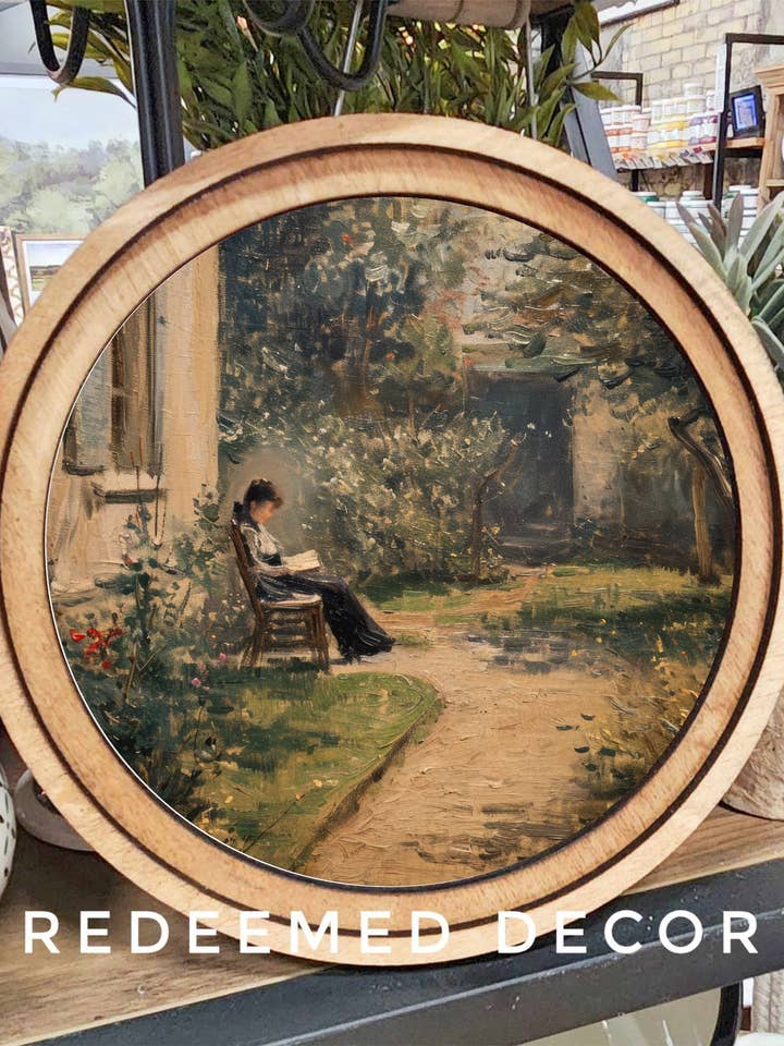 8" Round Woman Reading Art for wholesale by Redeemed Decor