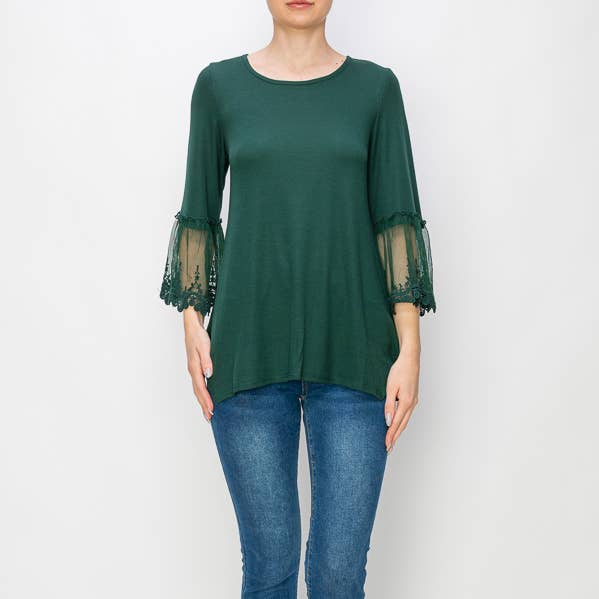 TUNIC TOP WITH LACE SLEEVE TRIMMINGS-4480HUNTER GREEN for wholesale by Origami Apparel ~ Lace and Crochet inspired