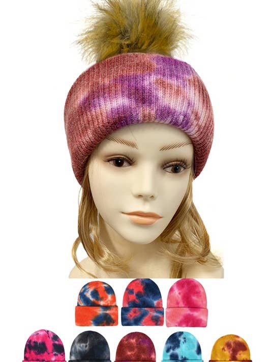 Women Double Layer Tie Dye POM Beanie for wholesale by Suzie Q USA
