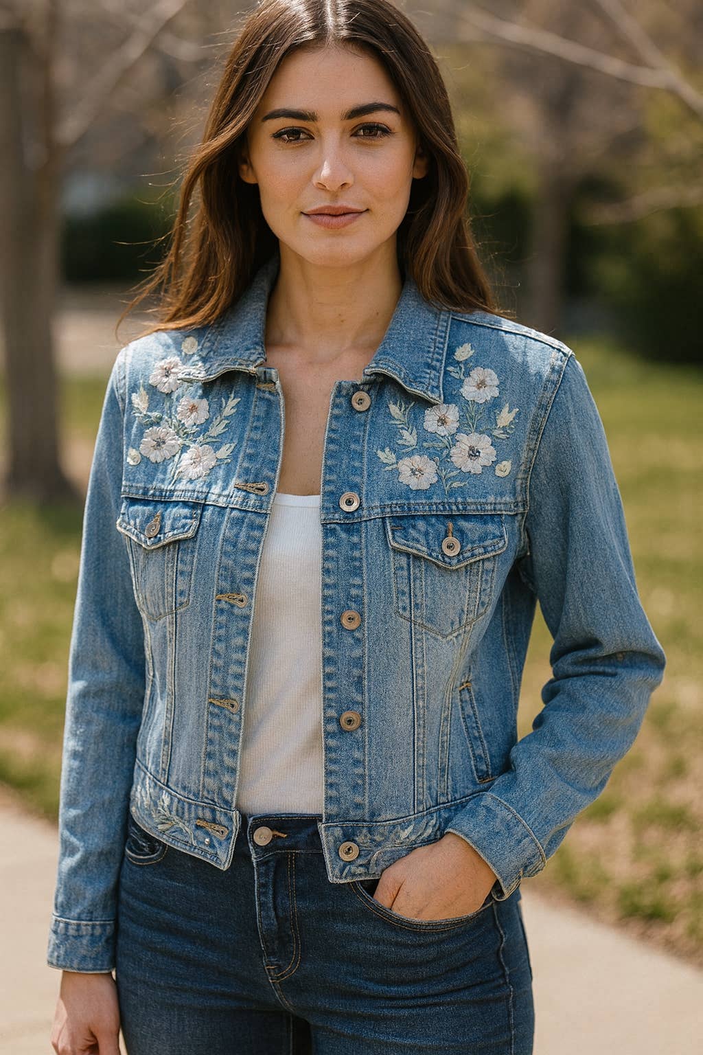 Ladies Denim Jacket with Embroidery. STYLE#N-181921 for wholesale on Faire