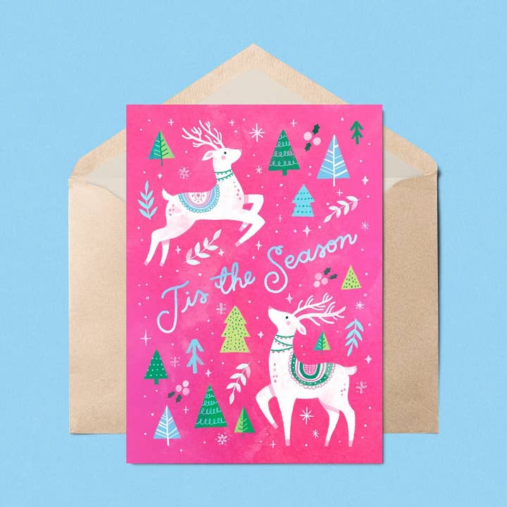 White Reindeer Card, A7, Holiday Greeting Card Set for wholesale by Natalie Briscoe Illustration