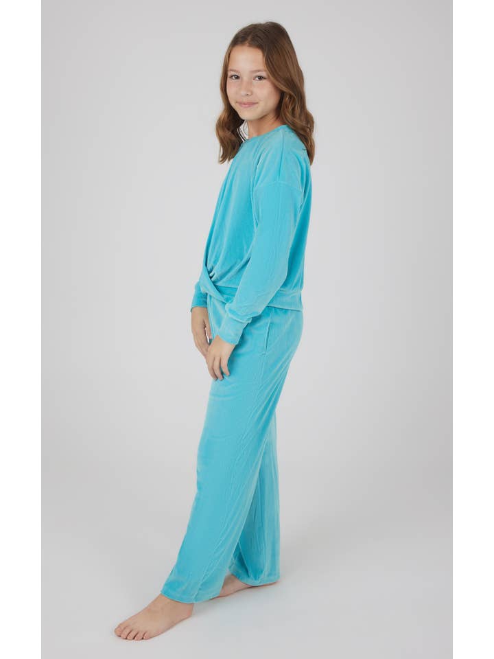 90 Degree by Reflex & Yogalicious - Wholesale Top & Pant Set - Kids - Girls Rib Velour Front Twist Sweatshirt and Wide Leg Pant 1