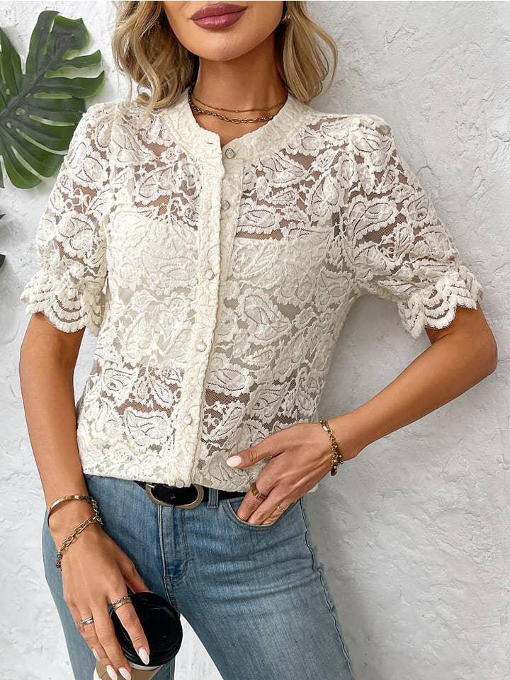 Rosa Clothing - Wholesale Blouse - Women's - Ecru crochet lace mesh short sleeve Buttoned blouse