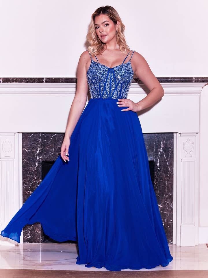 Long Formal Royal Blue Beaded Top Dress for wholesale by Kos Couture