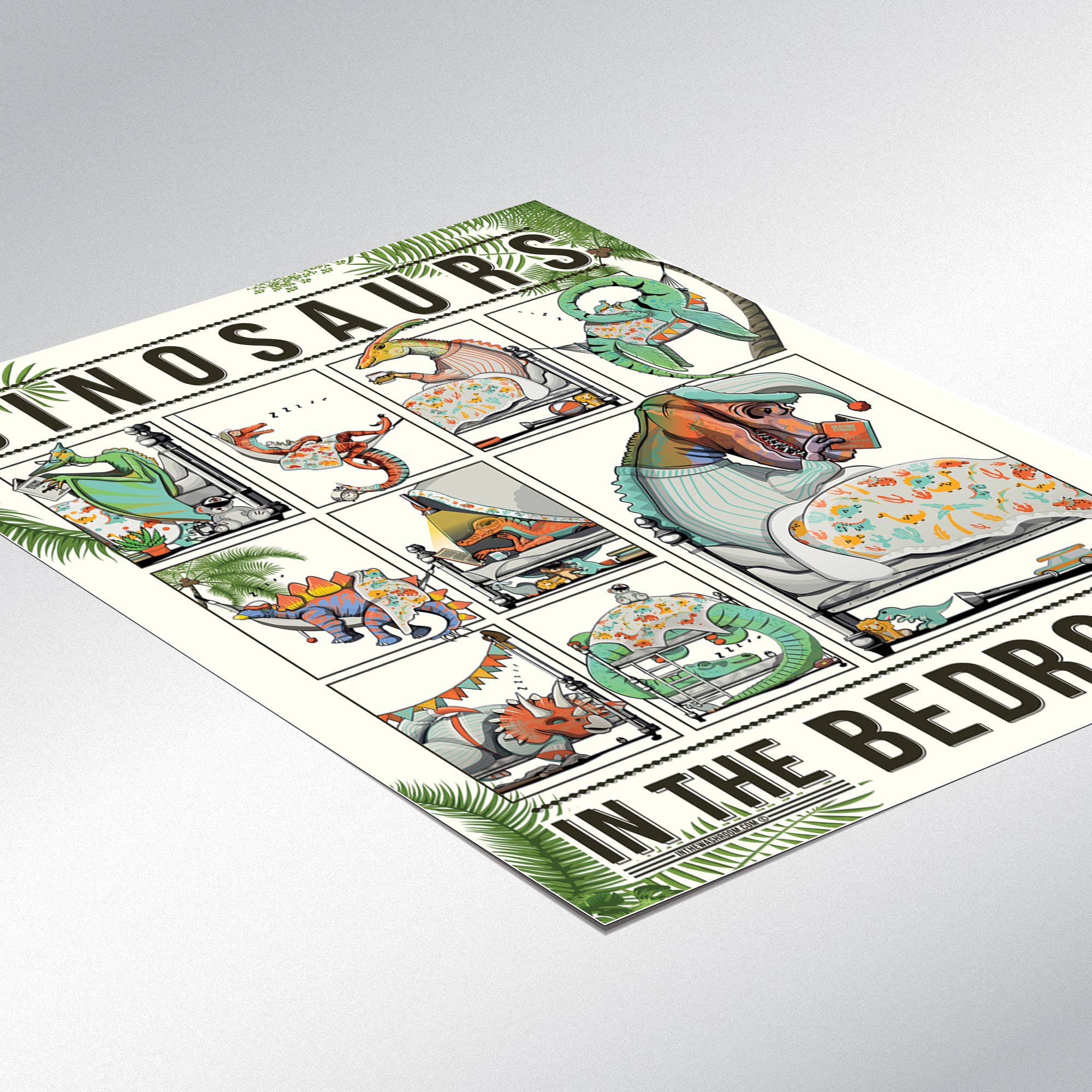 In The Washroom – wholesale Poster – Dinosaurier i sängaffisch. Dinosaurie väggkonsttryck.1