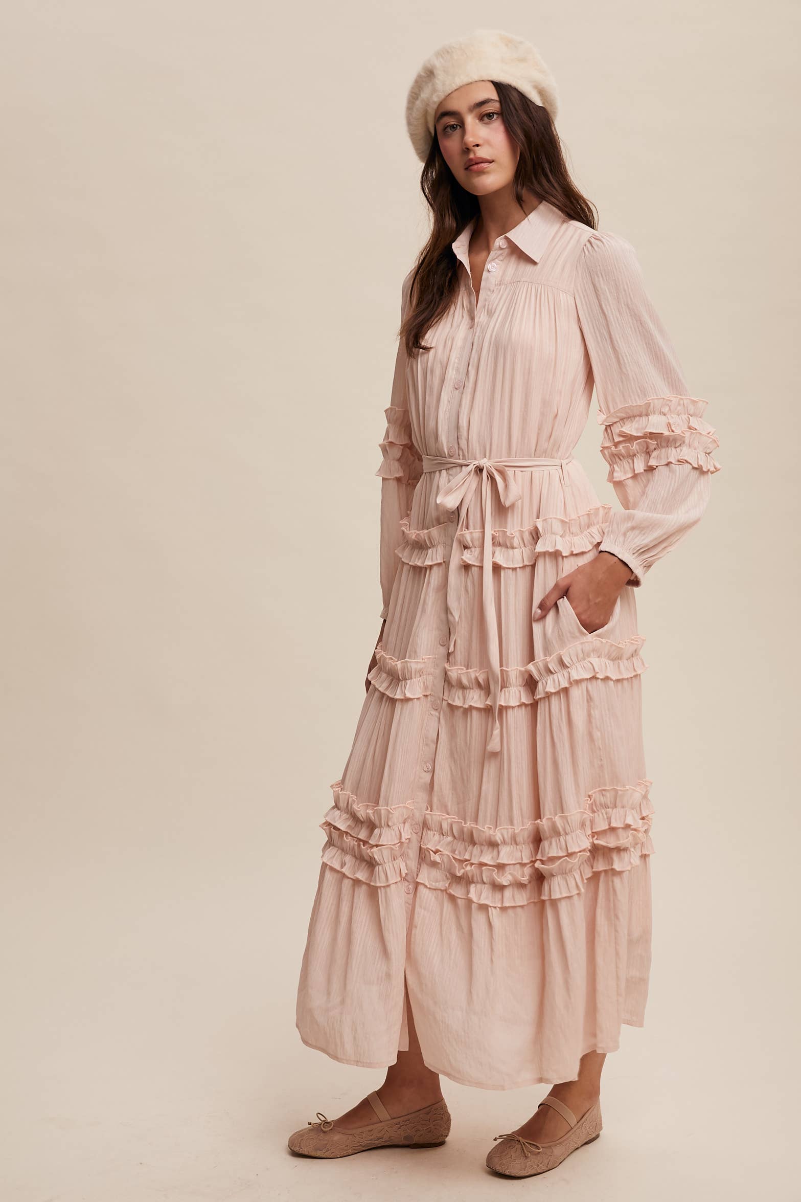 Listicle - Wholesale Dress - Women's - Ruffled Belted Maxi Shirt Dress LD149626
