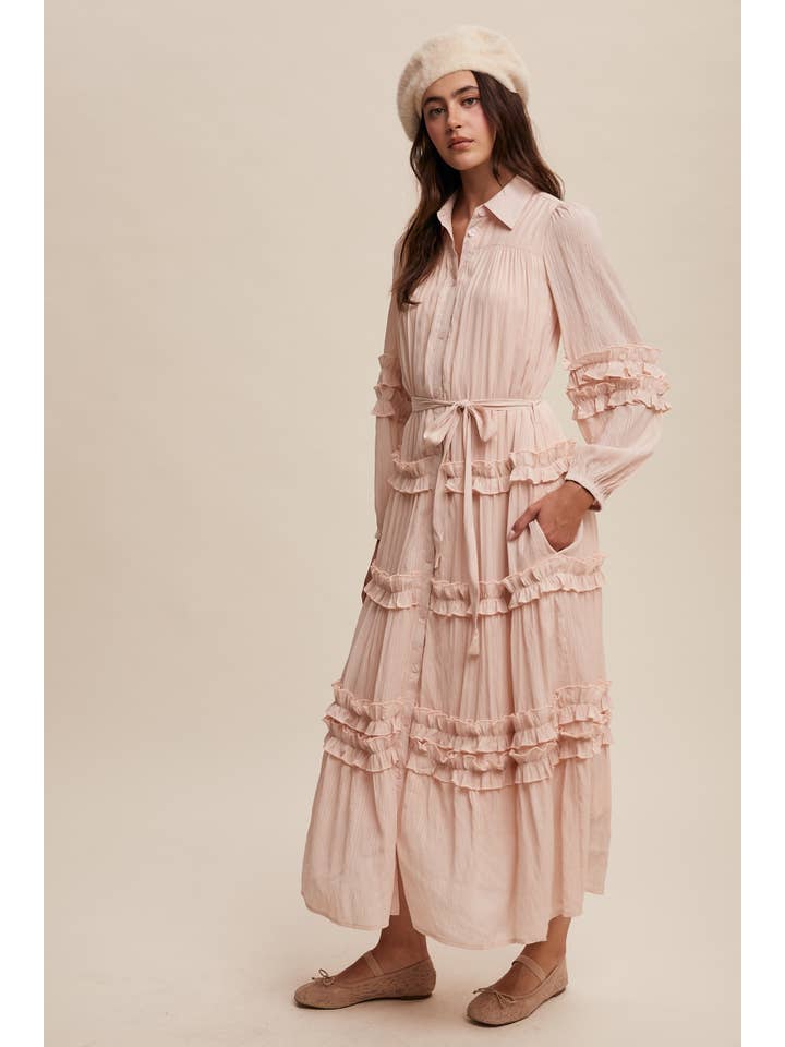Listicle - Wholesale Dress - Women's - Ruffled Belted Maxi Shirt Dress LD149626