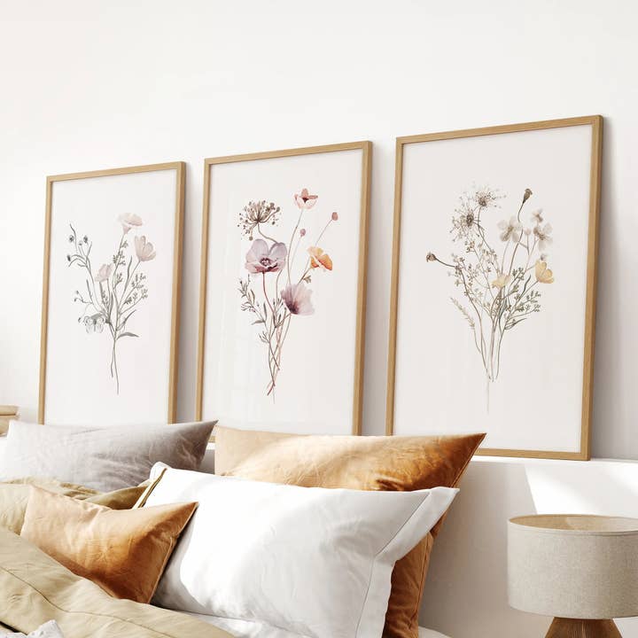 PrintSets.com - Wholesale Gallery Wall Set - Watercolor Wildflower Set of 3 Prints. Botanical Floral Art for Cottage Spaces8