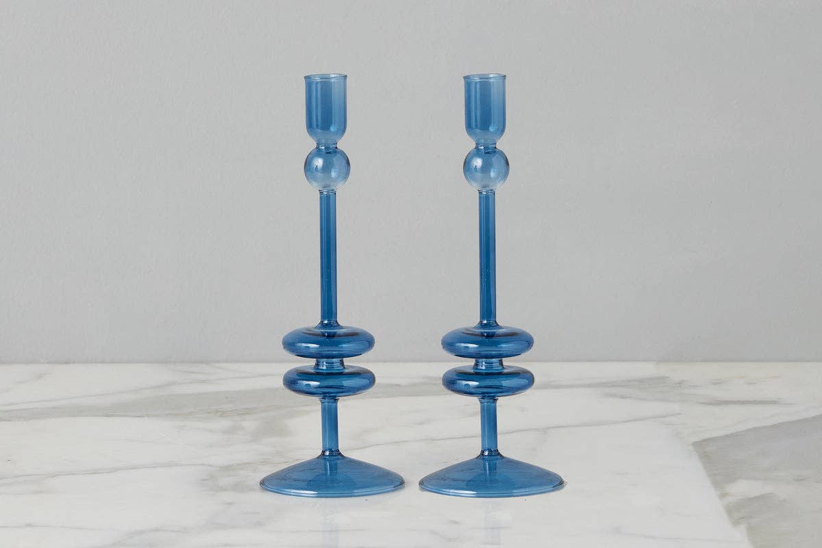 etúHOME - Wholesale Candle Holder - Glass Candlestick Pair, Medium, Sapphire Blue
