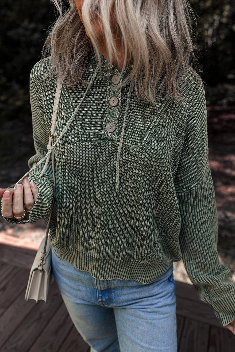 Mist Green Mineral Wash Ribbed Knit Button Drawstring Neck Hooded Sweater for wholesale on Faire7