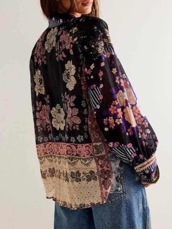 Rosa Clothing - Wholesale Button Down Shirt - Women's - Bohemia chic vibe Floral patchwork print button-up shirt13