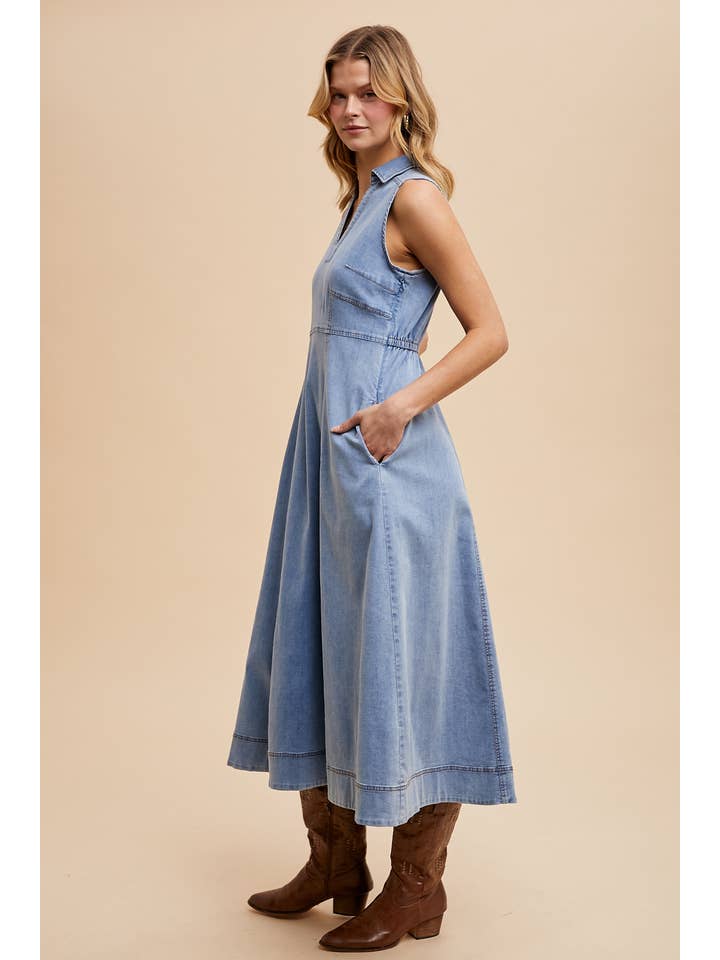 In Loom - Wholesale Dress - Women's - COLLARED DENIM FLARE MIDI