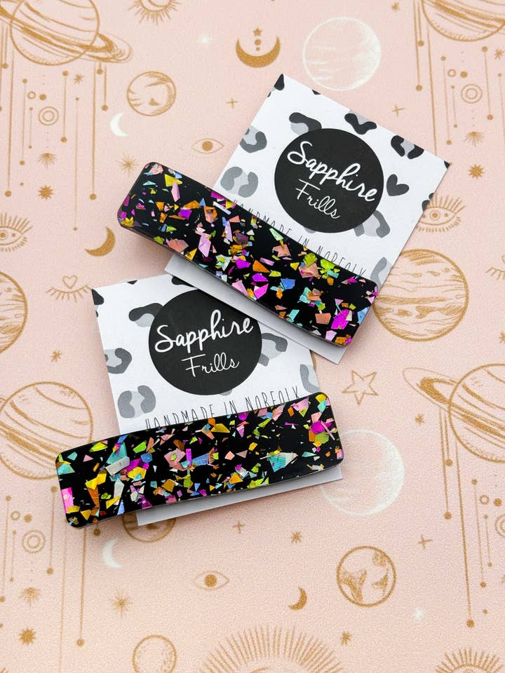 Black & Rainbow Foil Rectangle Wave Acrylic Hair Clip for wholesale by Sapphire Frills Ltd